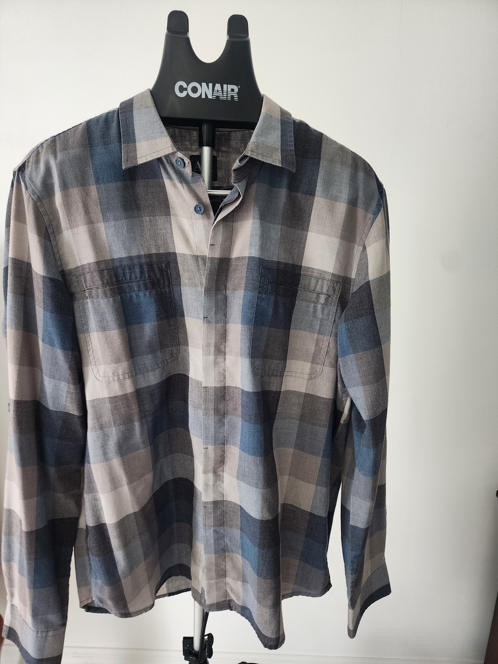 Armani Exchange Blue Gray Plaid Button-Down Shirt